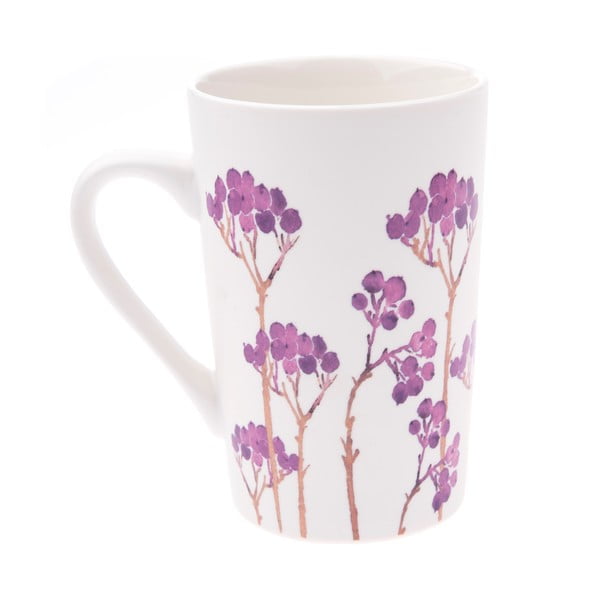 Baltas porcelianinis puodelis su violetinės gėlės motyvu Dakls, 0,4 l