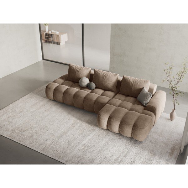 Šviesiai rudos spalvos iš velveto sulankstoma/su sandėliavimo vieta kampinė sofa (su dešiniuoju kampu/su gultu) Linz – Cosmopolitan Design-image-1