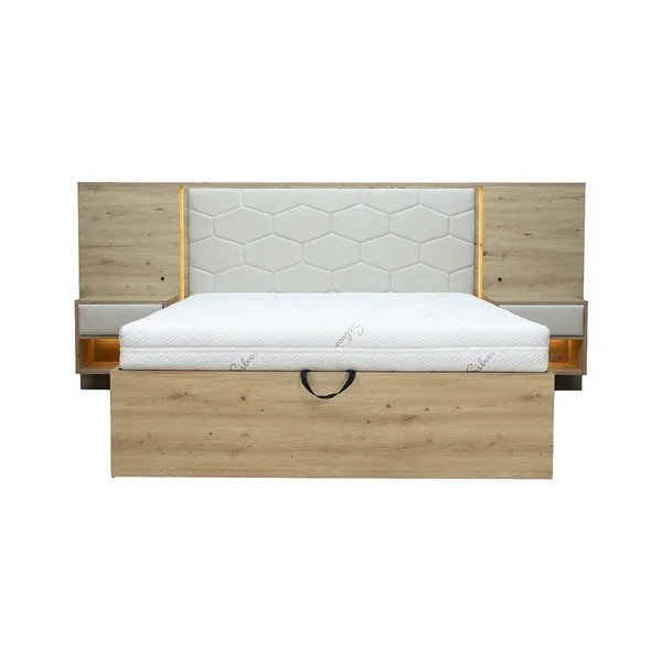 Smėlio spalvos dvigulė lova audiniu dengta/iš medžio drožlių plokštės su sandėliavimo vieta su lovos grotelėmis 180x200 cm Palmeraie – Bobochic Paris