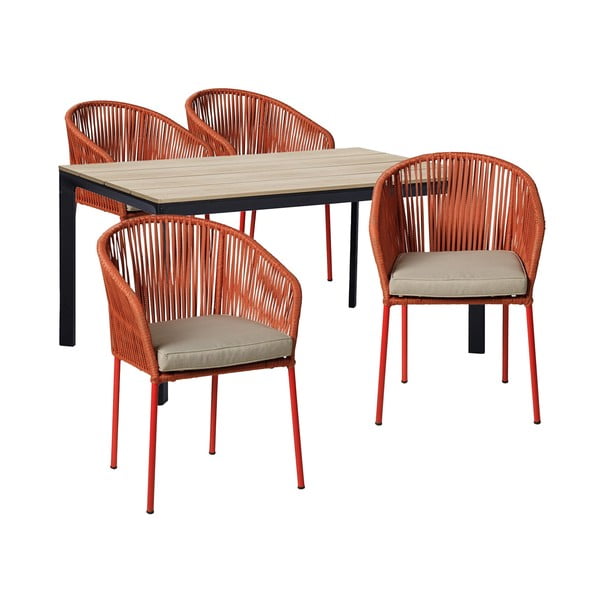 Sodo valgomojo komplektas 4 asmenims su raudonos spalvos kėdėmis Trapani ir stalu Thor, 147 x 90 cm