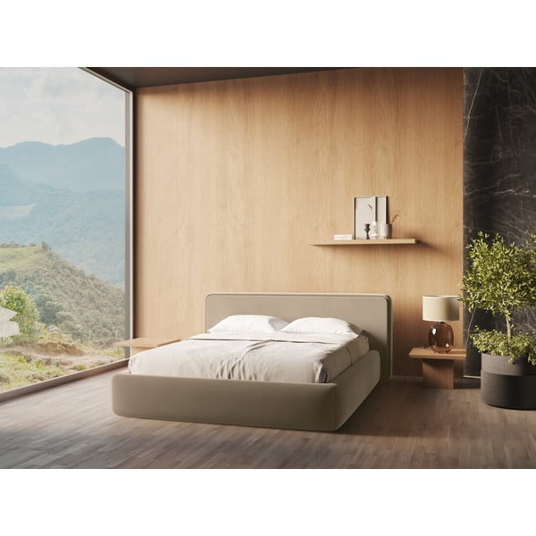 Šviesiai rudos spalvos dvigulė lova audiniu dengta su sandėliavimo vieta su lovos grotelėmis 180x200 cm Kiana – Makamii-image-1