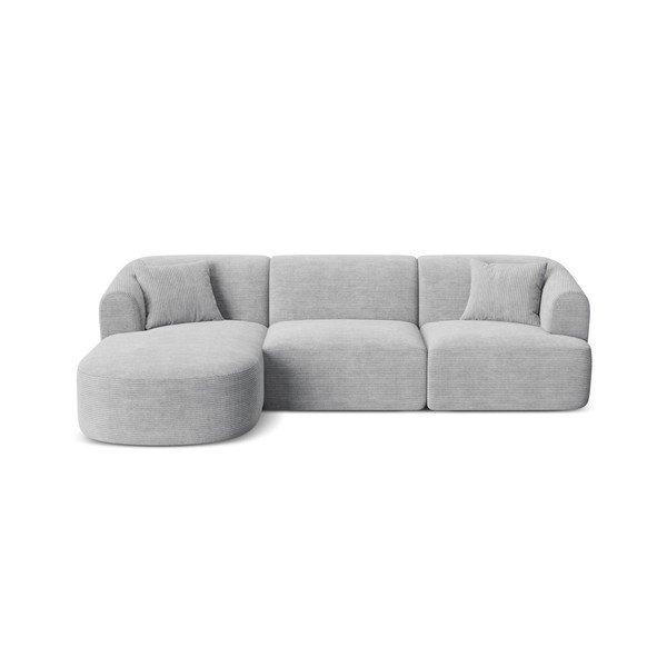 Šviesiai pilkos spalvos kampinė sofa iš kordinio velveto (su kairiuoju kampu/su gultu) Campi – Cosmopolitan Design
