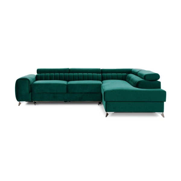 Žalios spalvos iš velveto sulankstoma/su sandėliavimo vieta kampinė sofa (su dešiniuoju kampu/„L“ formos) Laurence – ELTAP