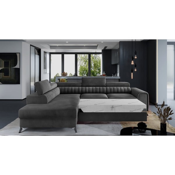 Tamsiai pilkos spalvos iš velveto sulankstoma/su sandėliavimo vieta kampinė sofa (su kairiuoju kampu/„L“ formos) Laurence – ELTAP-image-2