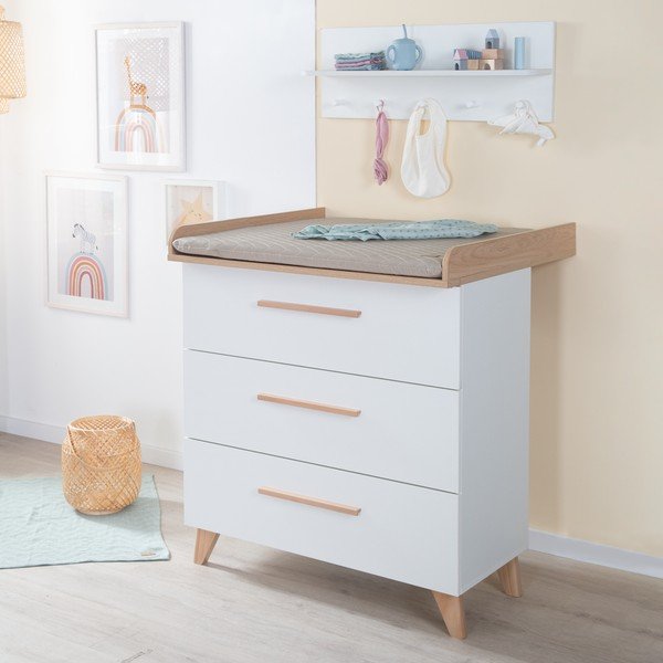 Su vystymo stalu vaikiška šoninė spintelė baltos spalvos iš ąžuolo 88,5x99x76 cm Léon – Roba-image-1