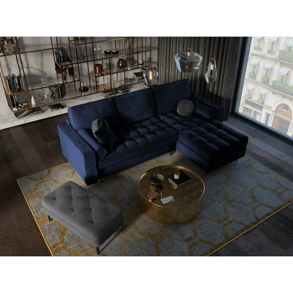 Mėlyna aksominė kampinė sofa-lova Milo Casa Santo, kampas dešinėje-image-1