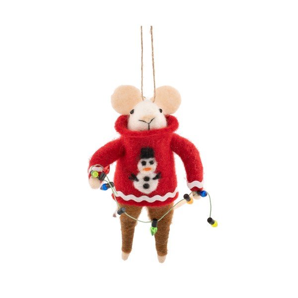 Iš tekstilės eglutės papuošimas 6 cm Mouse in Snowman Jumper with Fairy Lights – Sass & Belle