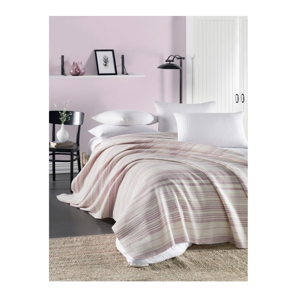 Šviesiai rožinė šviesiai dygsniuota medvilninė lovatiesė "Runino Luna", 160 x 220 cm