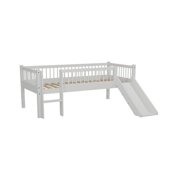 Baltos spalvos paaukštinta iš ąžuolo masyvo vaikiška lova su stumdomais skyreliais su lovos grotelėmis 90x200 cm Forrest – Vipack-image-2