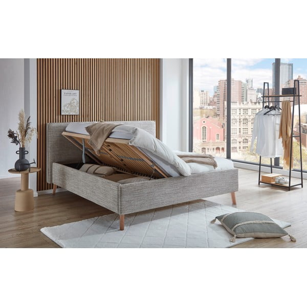 Smėlio spalvos dvigulė lova audiniu dengta su sandėliavimo vieta su lovos grotelėmis 180x200 cm Riva – Meise Möbel-image-1