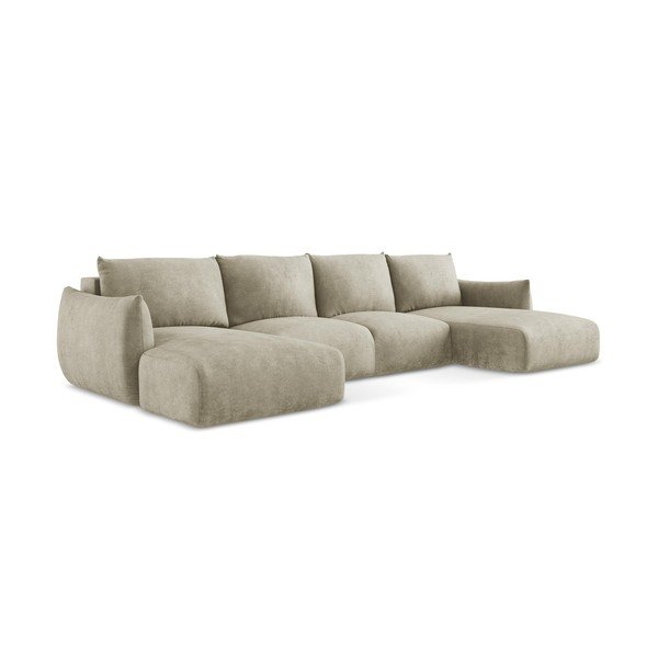 Smėlio spalvos iš šenilinio audinio sulankstoma kampinė sofa („U“ formos) Leila – Makamii-image-3