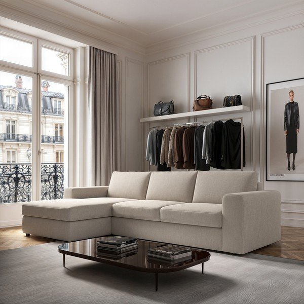 Smėlio spalvos iš velveto kampinė sofa (su kairiuoju kampu/su gultu) Baga – Rodier-image-1