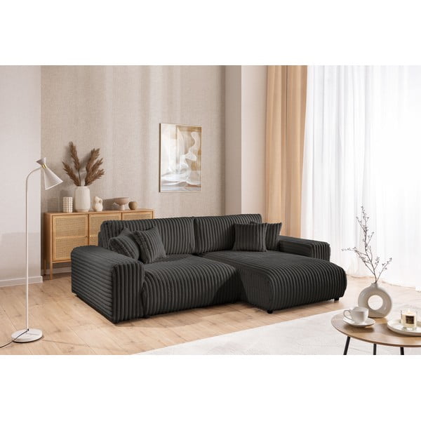 Tamsiai pilkos spalvos iš kordinio velveto sulankstoma/su sandėliavimo vieta kampinė sofa (su dešiniuoju kampu) Sarina – Ropez-image-4