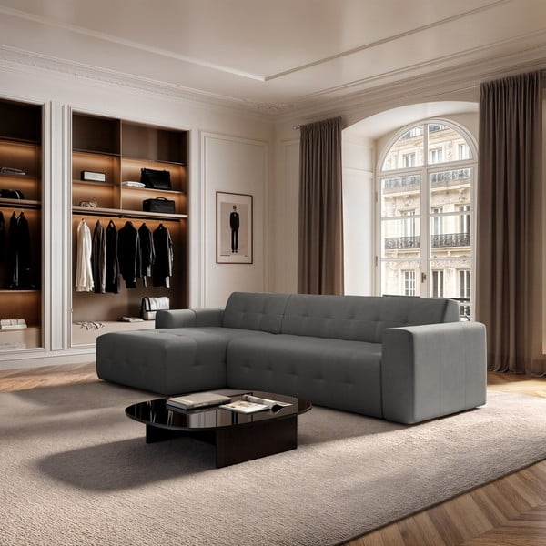 Pilkos spalvos iš velveto kampinė sofa (su kairiuoju kampu/su gultu) Tuil – Rodier-image-1