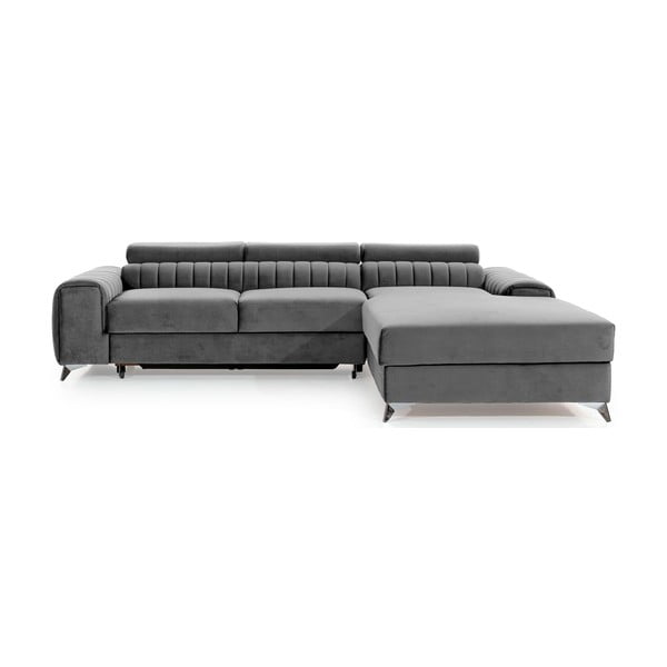 Pilkos spalvos iš velveto sulankstoma/su sandėliavimo vieta kampinė sofa (su dešiniuoju kampu/su gultu) Grayson – ELTAP