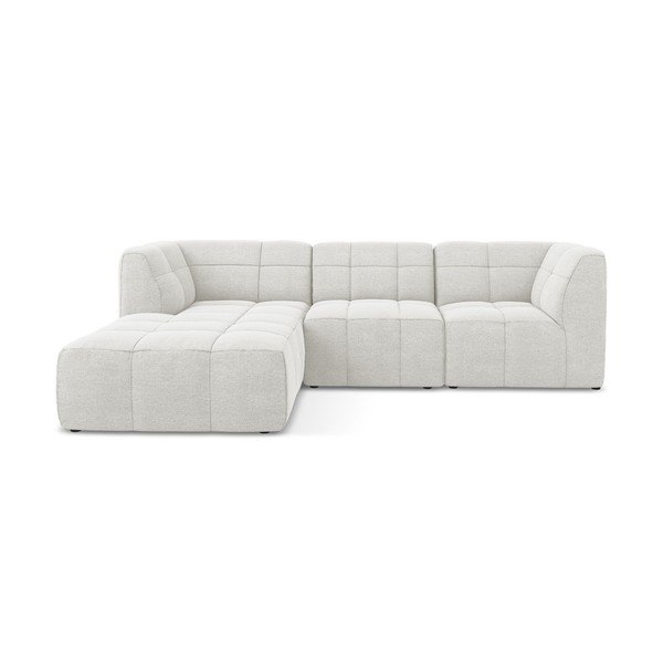 Baltos spalvos kampinė sofa iš boucle (su kairiuoju kampu/su gultu) Aloha – Makamii