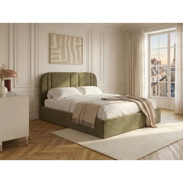 Žalios spalvos dvigulė lova audiniu dengta su sandėliavimo vieta su lovos grotelėmis 180x200 cm Sidney – Bobochic Paris-image-1