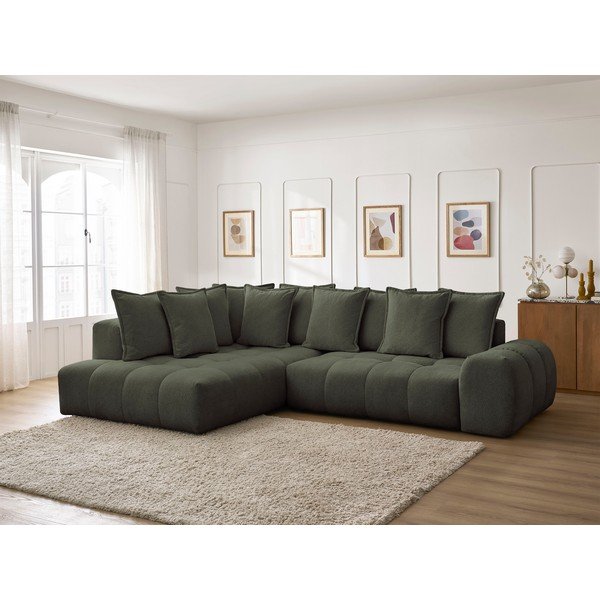 Žalios spalvos iš šenilinio audinio sulankstoma/su sandėliavimo vieta kampinė sofa (su kairiuoju kampu/„L“ formos) Everest – Bobochic Paris-image-1