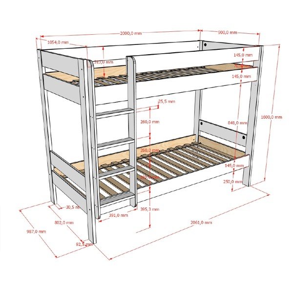 Baltos spalvos dviauktė vaikiška lova su lovos grotelėmis 90x200 cm Primo – Vipack-image-2