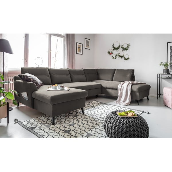 Tamsiai pilka velvetinė U formos sofa-lova Miuform Stylish Stan, dešinysis kampas-image-3