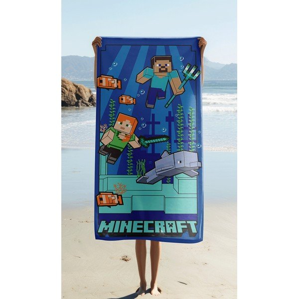 Mėlynos spalvos iš mikropluošto vaikiškas rankšluostis 70x140 cm Minecraft "Underwater Fun" – Jerry Fabrics-image-1