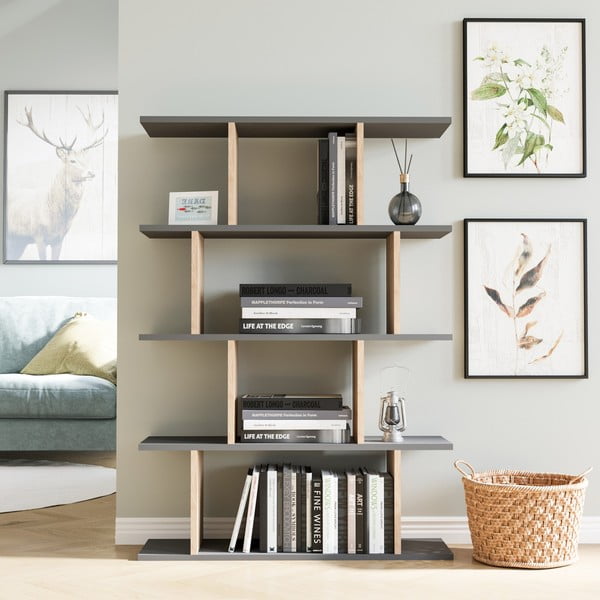 Pilka/natūralaus ąžuolo knygų spinta 90x127 cm Harmon - Kalune Design-image-1