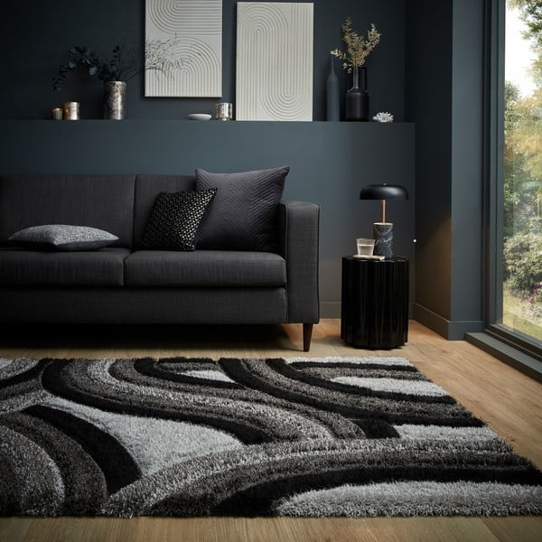 Rankų darbo iš perdirbto pluošto kilimas juodos spalvos/pilkos spalvos 160x230 cm Velvet – Flair Rugs-image-1