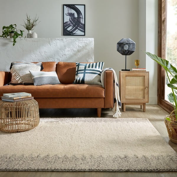 Rankų darbo iš vilnos mišinio kilimas kreminės spalvos 80x150 cm Minerals Border – Flair Rugs-image-1