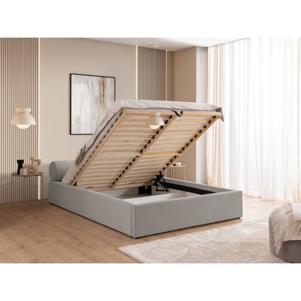 Šviesiai pilkos spalvos dvigulė lova audiniu dengta su sandėliavimo vieta su lovos grotelėmis 140x200 cm Cille – Ropez-image-4