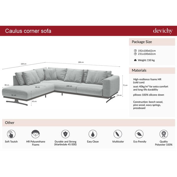 Šviesiai pilka kampinė sofa Devichy Caulus, kairysis kampas-image-4