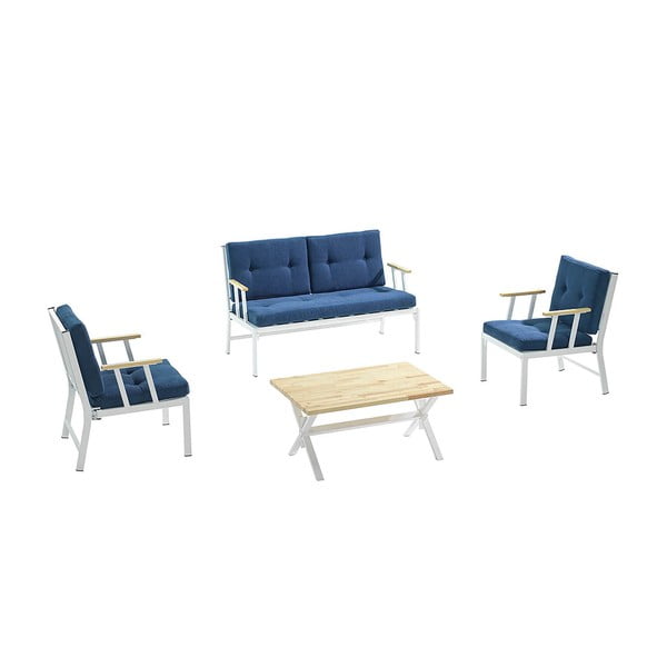 Sodo poilsio baldų komplektas baltos spalvos/mėlynos spalvos 4 žmonėms Lotus – Floriane Garden