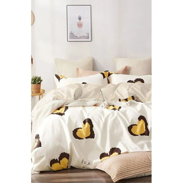 Iš ranforce medvilnės dvigulė/itin ilga patalynė geltonos spalvos su paklode/4 dalių 200x220 cm Double Heart – Mila Home