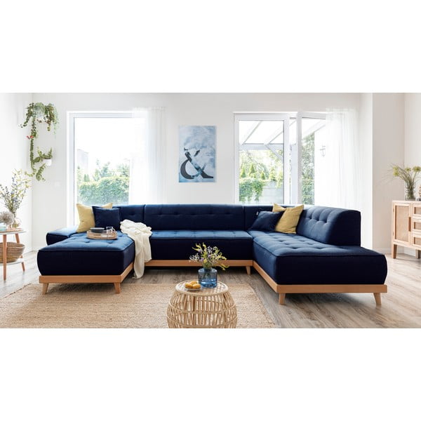 Tamsiai mėlyna sofa-lova U formos Miuform Dazzling Daisy, dešinysis kampas-image-3