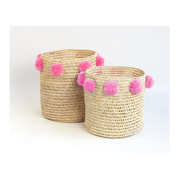 2 palmių pluošto krepšių rinkinys su rožinės spalvos dekoracijomis Madre Selva Milo krepšys