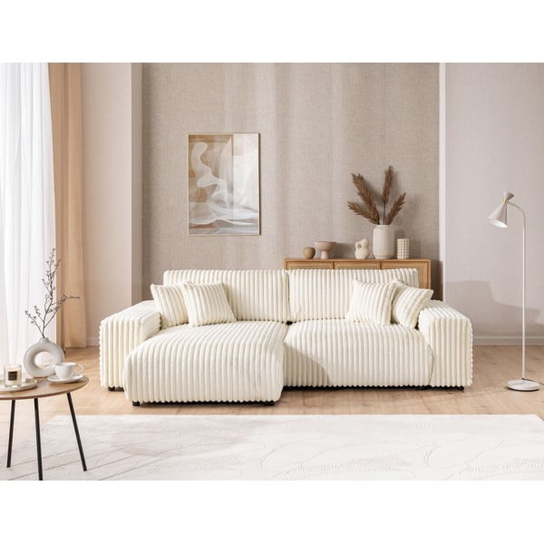 Kreminės spalvos iš kordinio velveto sulankstoma/su sandėliavimo vieta kampinė sofa (su kairiuoju kampu) Sarina – Ropez-image-1