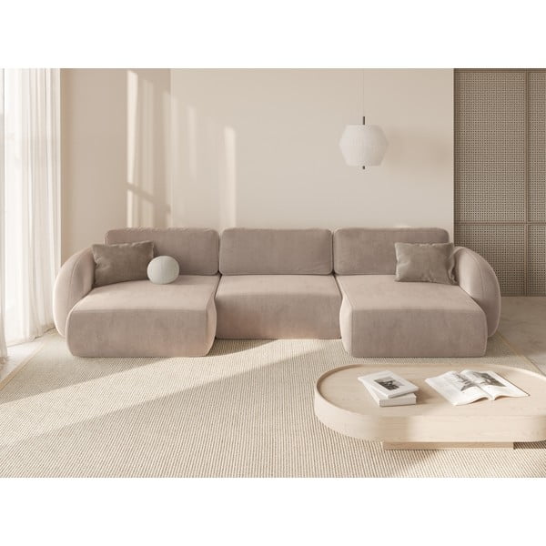 Smėlio spalvos iš velveto sulankstoma/su sandėliavimo vieta kampinė sofa („U“ formos) Tonale – Cosmopolitan Design-image-1