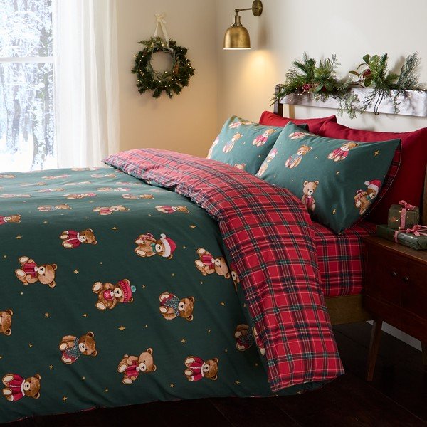 Raudonos spalvos/tamsiai žalios spalvos viengulė patalynė 150x120 cm Christmas Tartan Teddy Bear – Catherine Lansfield