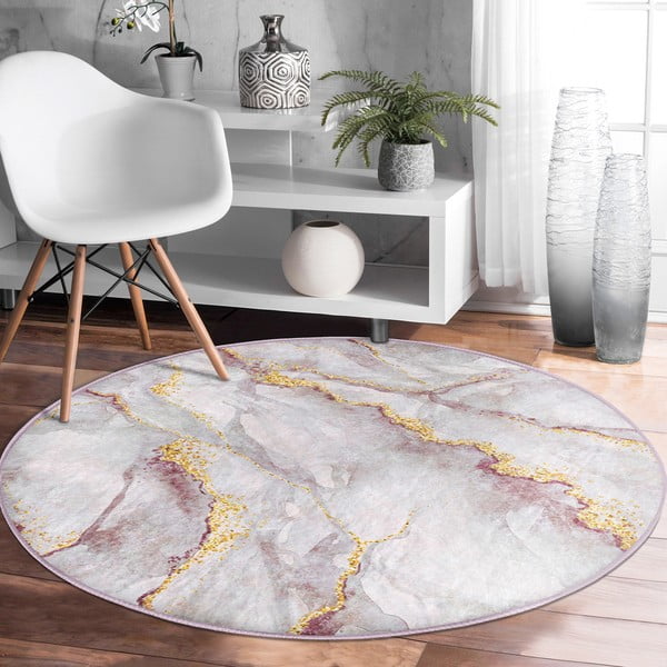Skalbiamas šviesiai rožinės spalvos/auksinės spalvos apvalios formos kilimas ø 120 cm Marble – Mila Home-image-3