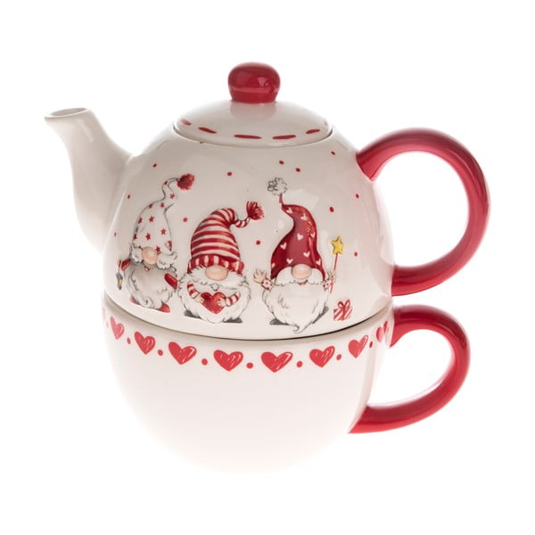 Raudonos ir baltos spalvos keraminis arbatinukas ir puodelis su nykštukų motyvais Dakls