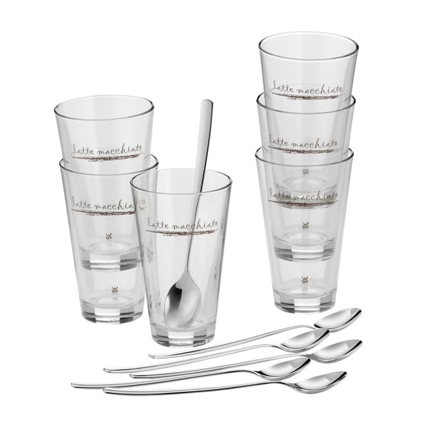 6 sidabro spalvos stiklinių puodelių su šaukštais rinkinys, 280 ml - WMF