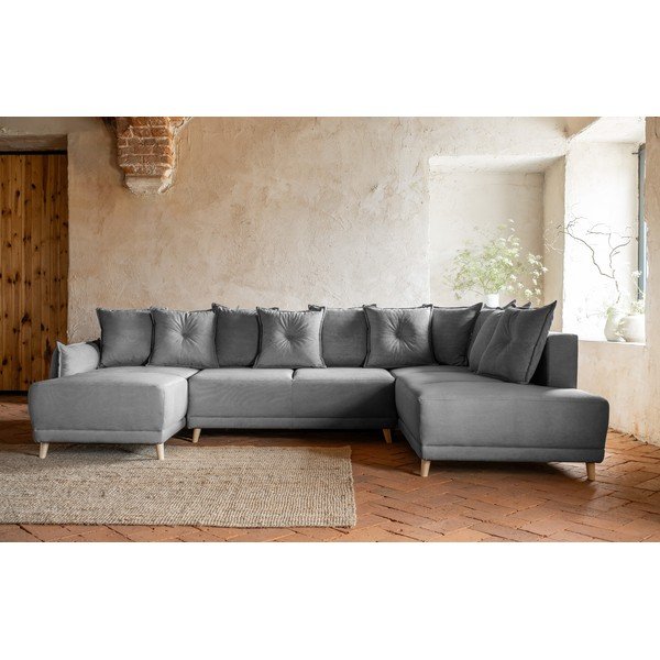 Sulankstoma kampinė sofa iš kordinio velveto pilkos spalvos (su dešiniuoju kampu/„U“ formos) Lazy Lukka – Miuform-image-1