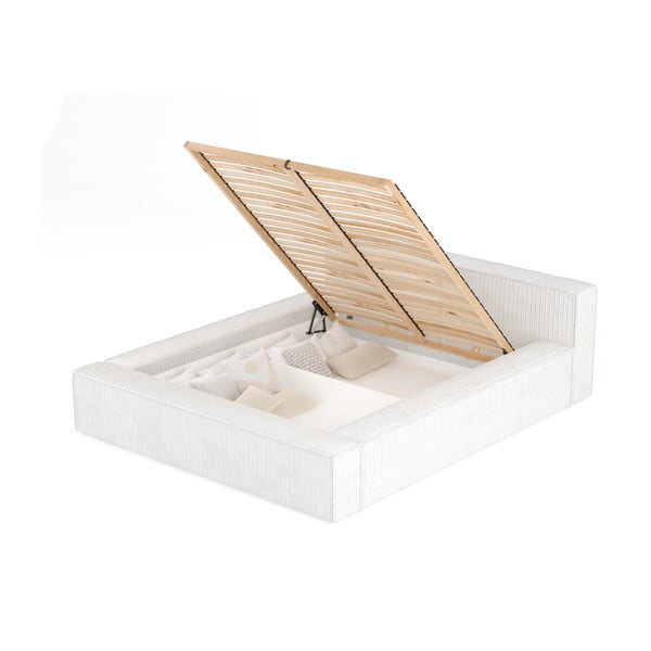 Kreminės spalvos dvigulė lova audiniu dengta su sandėliavimo vieta su lovos grotelėmis 200x200 cm Voliera – Maison de Rêve-image-2