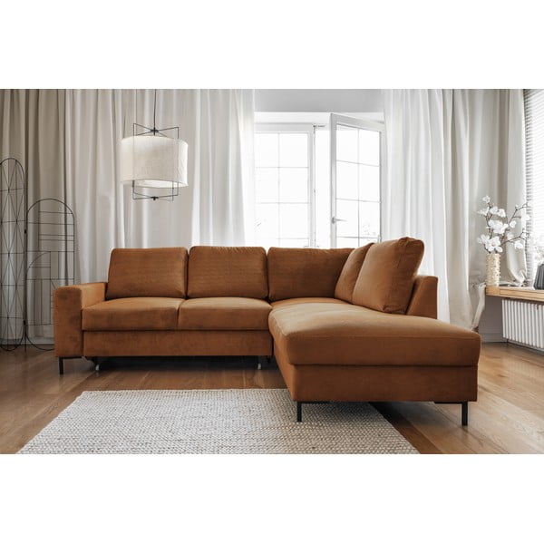 Iš kordinio velveto sulankstoma kampinė sofa oranžinės spalvos/rudos spalvos (su dešiniuoju kampu) Lofty Lilly – Miuform-image-1