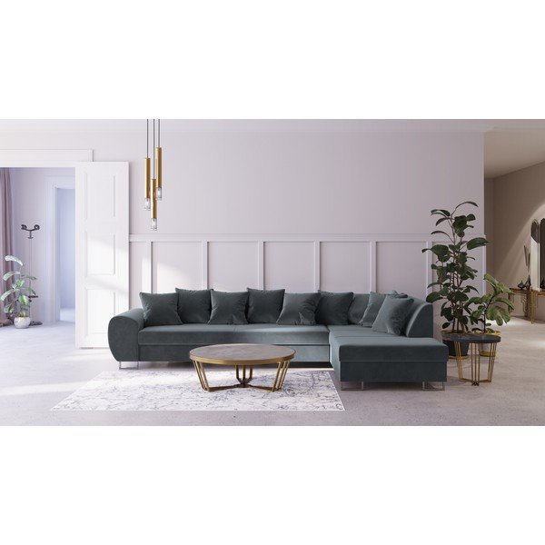 Pilka aksominė kampinė sofa Kooko Home Calmato, kampas dešinėje-image-1