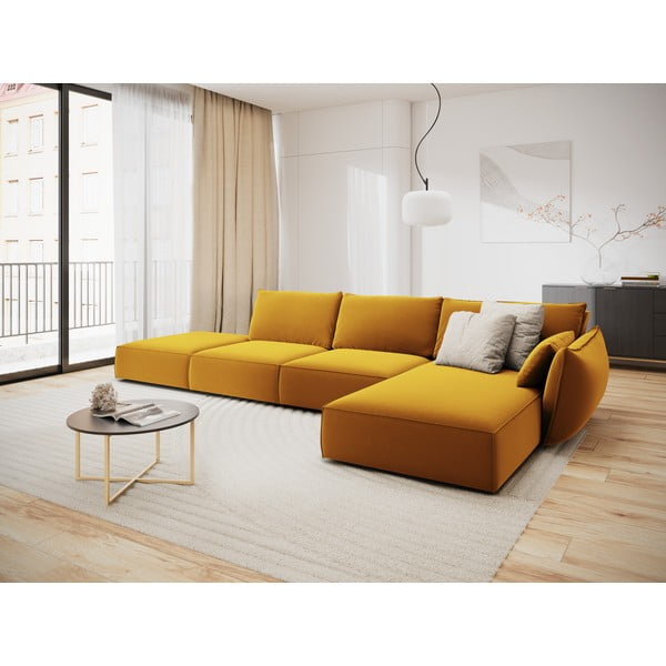 Garstyčių spalvos iš velveto kampinė sofa (su dešiniuoju kampu/su gultu) Vanda – Mazzini Sofas-image-1