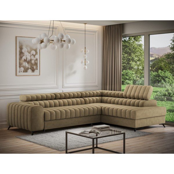 Šviesiai rudos spalvos kampinė sofa iš velveto (su dešiniuoju kampu/„L“ formos) Kanedo – ELTAP-image-1