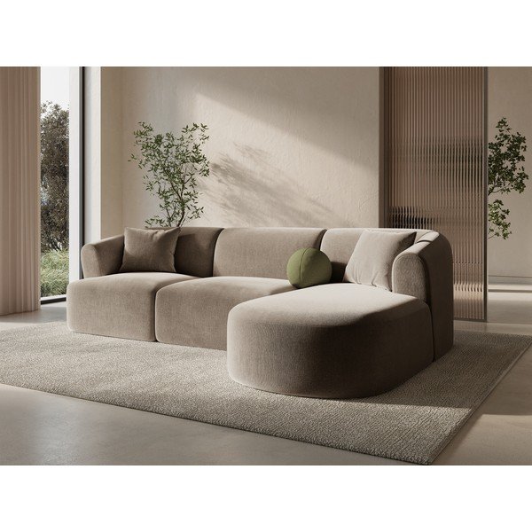 Šviesiai rudos spalvos kampinė sofa iš velveto (su dešiniuoju kampu/su gultu) Campi – Cosmopolitan Design-image-1