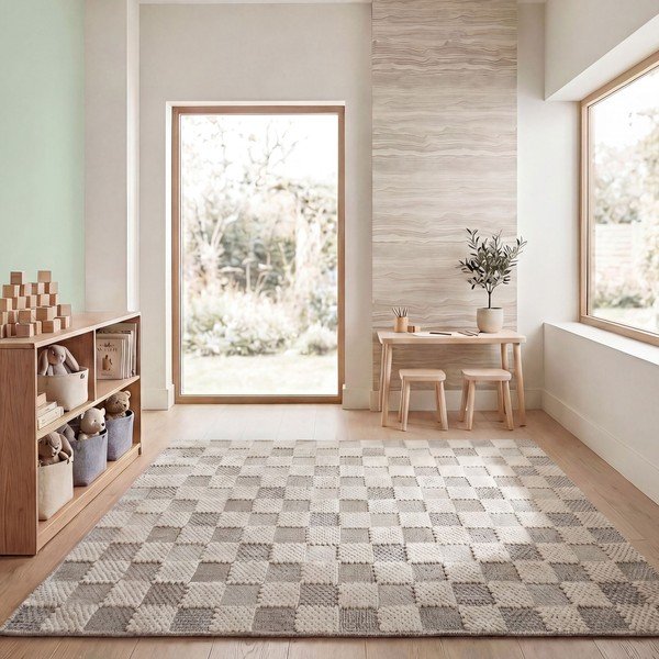 Skalbiamas žalios spalvos iš medvilnės mišinio kilimas 116x170 cm Muted Checkerboard – Flair Rugs-image-3
