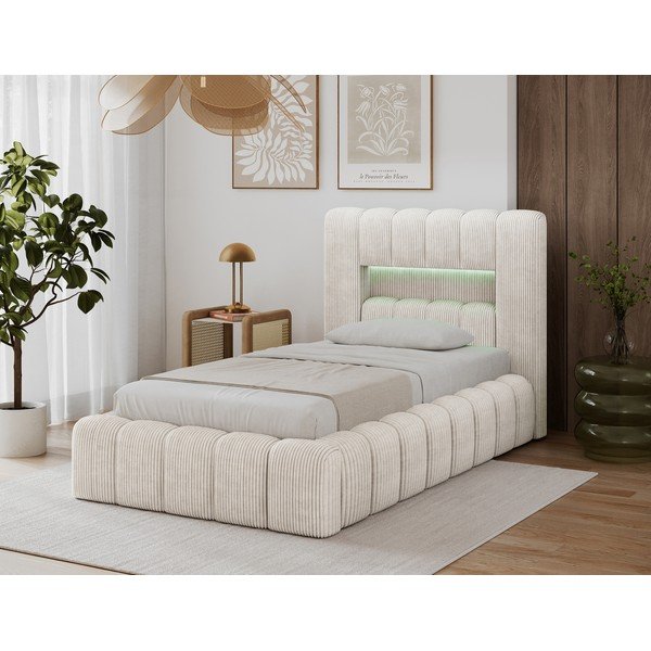 Smėlio spalvos viengulė lova audiniu dengta su sandėliavimo vieta su lovos grotelėmis 90x200 cm Lamica – ELTAP-image-3