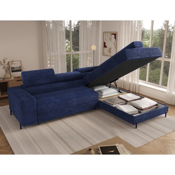Tamsiai mėlynos spalvos kampinė sofa iš kordinio velveto (su dešiniuoju kampu/„L“ formos) Colesio – ELTAP-image-2